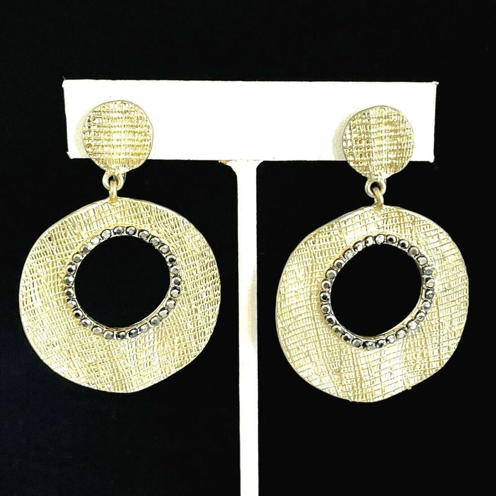 Vintage 1980s Catherine Stein Earrings Gold Toned Hematite Crystal Clip On - 6H